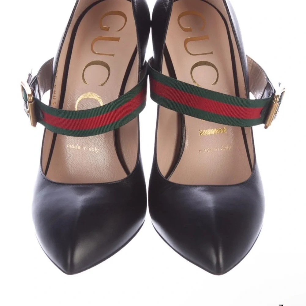 Authentic Gucci Sylvie leather pumps in black Mary Jane web strap Like New size